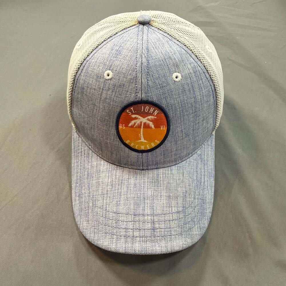St John Brewers USVI Trucker Hat Blue White Palm Tree Snapback Cap